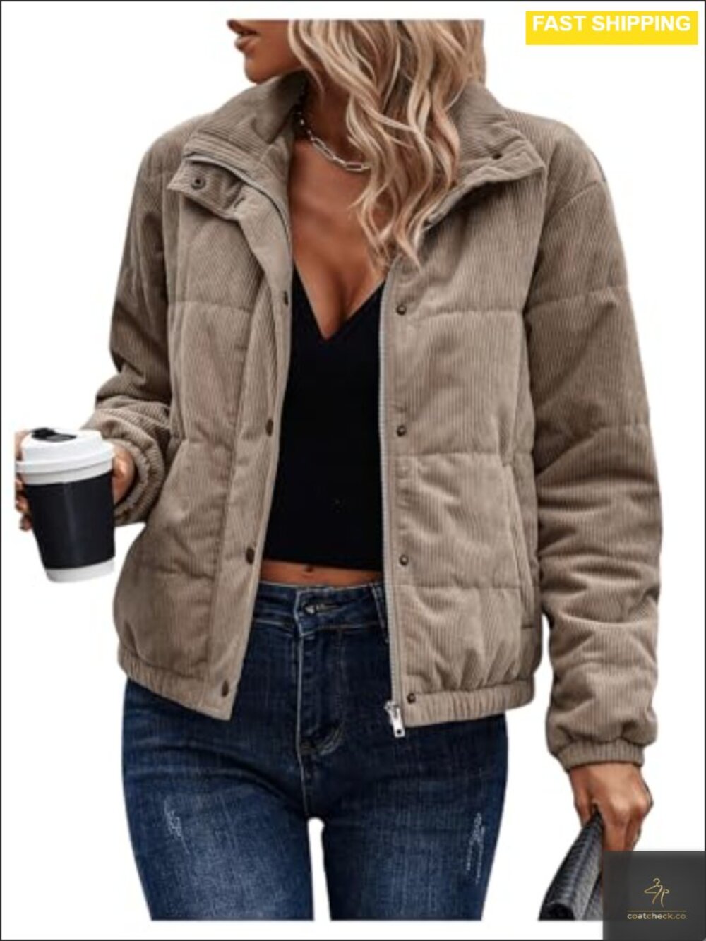 Womens Corduroy Quilted Puffer Jacket Zip Up Padded Bomber